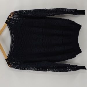 Ann Taylor black blouse brocade lace lined top size large lace long sleeve